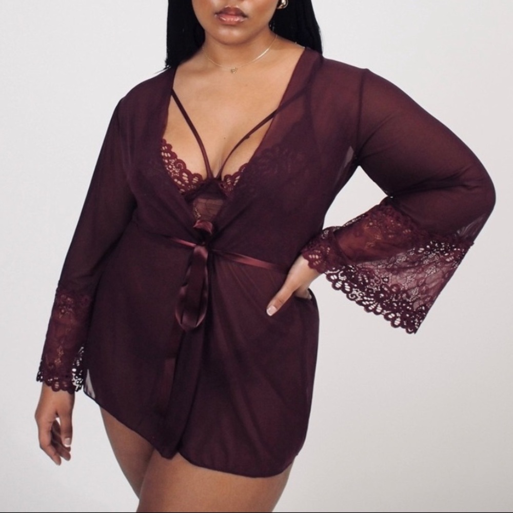 Sheer Lace Trim Robe Set – Pink - Picture 2 of 2
